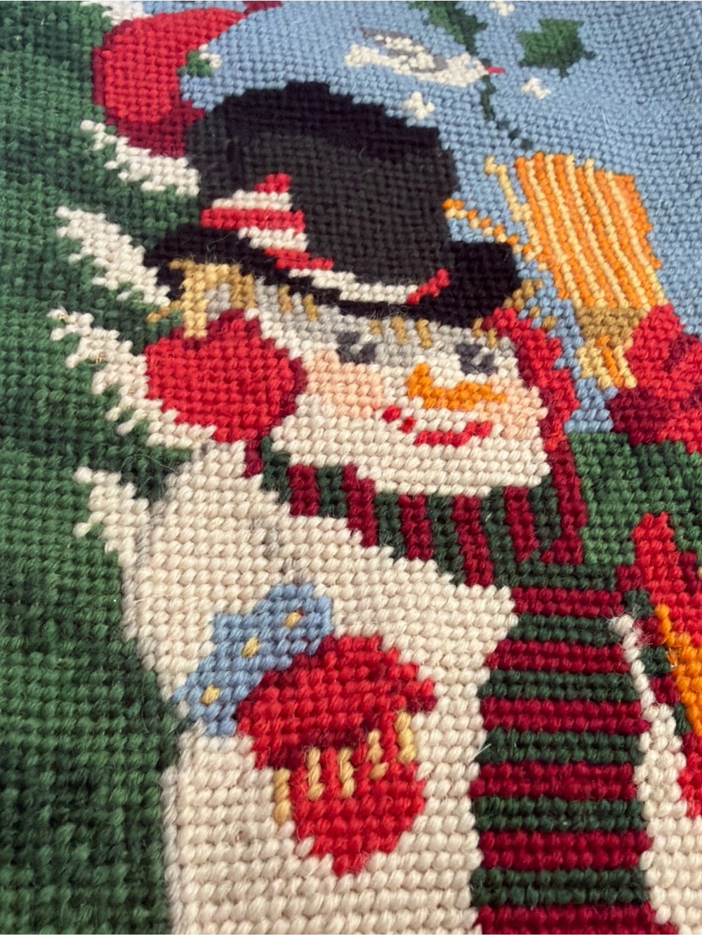 Vintage Wool Needlepoint Christmas Stocking Velvet Let It Snow Snowman - Picture 6 of 15